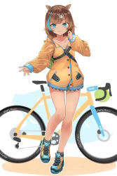 Rule 34 | 1girl, absurdres, animal ears, bicycle, black socks, blue eyes, blue hair, blush, brown footwear, brown hair, brown jacket, closed mouth, clothes writing, collarbone, commentary request, dark-skinned female, dark skin, full body, hair ornament, hand up, highres, jacket, long sleeves, looking at viewer, multicolored hair, original, personification, puffy long sleeves, puffy sleeves, sekira ame, shoes, sleeves past wrists, smile, socks, solo, standing, standing on one leg, streaked hair, white background