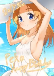 Rule 34 | 1girl, adjusting clothes, adjusting headwear, armpits, arms up, blue eyes, blue sky, blush, breasts, character name, cityscape, closed mouth, cloud, cloudy sky, commentary, covered erect nipples, dated, day, dress, english text, girls und panzer, hair down, happy birthday, hat, lens flare, long hair, looking at viewer, no bra, orange hair, orange pekoe (girls und panzer), outdoors, parted bangs, rebirth42000, sky, small breasts, smile, solo, spaghetti strap, sun hat, sundress, upper body, white dress, white hat