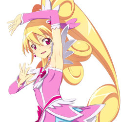 Rule 34 | 1girl, aida mana, arm up, armpits, blonde hair, blush, brooch, caryo, choker, cure heart, detached sleeves, dokidoki! precure, heart, heart brooch, jewelry, long hair, looking at viewer, lowres, nanashino, open mouth, precure, simple background, skirt, solo, very long hair, white background