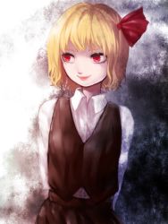 Rule 34 | 1girl, arms behind back, blonde hair, bow, female focus, hair bow, miina, red eyes, rumia, short hair, smile, solo, touhou