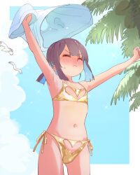 Rule 34 | 1girl, 3:, armpits, arms up, bare arms, bikini, bird, blue hair, blunt bangs, blunt ends, blush, brown hair, closed eyes, clothing cutout, colored inner hair, commentary, cowboy shot, day, embarrassed, flat chest, frown, glint, gold bikini, heart cutout, highres, holding, holding clothes, holding shirt, hozuki momiji, kyarahiba, multicolored hair, navel, nose blush, onii-chan wa oshimai!, outdoors, palm tree, seagull, shirt, short hair, short ponytail, side-tie bikini bottom, solo, stomach, swimsuit, tree, two-tone hair, unworn shirt