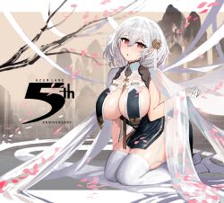Rule 34 | 1girl, absurdres, anniversary, azur lane, branch, breast curtains, breasts, china dress, chinese clothes, cleavage, copyright name, dress, falling petals, garter straps, gloves, hair between eyes, hair ornament, hand up, high heels, highres, kaki z3, kneeling, large breasts, looking at viewer, medium hair, mountain, mountainous horizon, official alternate costume, pelvic curtain, petals, red eyes, revealing clothes, sirius (azur lane), sirius (azure horizons) (azur lane), solo, thighhighs, thighs, white gloves, white hair, white thighhighs
