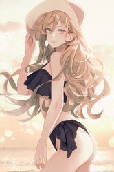 Rule 34 | 1girl, ass, bare arms, bare shoulders, bikini, black bikini, blonde hair, closed mouth, commentary request, cowboy shot, green eyes, hat, highres, holding, holding clothes, holding hat, kantai collection, kasumi (skchkko), long hair, looking at viewer, mole, mole under eye, mole under mouth, richelieu (kancolle), smile, solo, sun hat, sunset, swimsuit, wavy hair, white hat