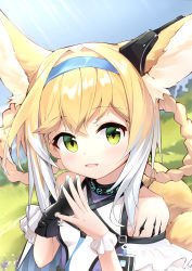 Rule 34 | 1girl, :d, absurdres, animal ear fluff, animal ears, arknights, bare shoulders, black gloves, blonde hair, blue hairband, blue sky, blurry, blurry background, blush, braid, braided hair rings, breasts, day, depth of field, flan ling, fox ears, fox girl, fox tail, gloves, green eyes, hair between eyes, hair rings, hairband, hands up, highres, kitsune, looking at viewer, multicolored hair, open mouth, outdoors, purple shirt, shirt, single glove, sky, small breasts, smile, solo, steepled fingers, suzuran (arknights), tail, twin braids, two-tone hair, upper body, white hair