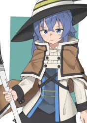 Rule 34 | 1girl, black skirt, blue eyes, blue hair, brown cloak, capelet, cloak, closed mouth, flat chest, grey shirt, hair between eyes, hat, holding, holding staff, jacket, light frown, looking at viewer, mage staff, makkusu (minux302), mushoku tensei, roxy migurdia, shirt, simple background, skirt, solo, staff, upper body, white capelet, white jacket, witch hat