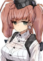 Rule 34 | 1girl, alchera, atlanta (kancolle), bra visible through clothes, breasts, brown hair, commentary request, earrings, expressionless, garrison cap, grey eyes, hat, jewelry, kantai collection, large breasts, long hair, long sleeves, one-hour drawing challenge, shirt, simple background, solo, star (symbol), star earrings, two side up, upper body, white background, white shirt