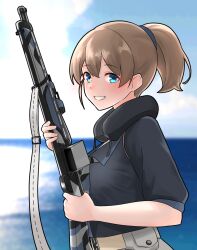 Rule 34 | 1girl, belt pouch, black shirt, blue eyes, blue sky, bolt action, brown hair, cloud, commentary request, day, furaggu (frag 0416), gun, highres, holding, holding gun, holding weapon, intrepid (kancolle), kantai collection, m1903 springfield, multicolored neckerchief, neck pillow, neckerchief, outdoors, parted lips, partial commentary, ponytail, pouch, rifle, shirt, short hair, sky, smile, trigger discipline, weapon