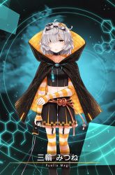 Rule 34 | 1girl, ahoge, arm at side, ayakura juu, belt, binary, black choker, black cloak, black skirt, black tube top, blue background, card (medium), character name, checkered trim, chest tattoo, choker, cloak, cowlick, feet out of frame, game cg, garter straps, goggles, goggles on head, grey hair, hair over one eye, holding, holding weapon, legs apart, magia record: mahou shoujo madoka magica gaiden, magical girl, mahou shoujo madoka magica, messy hair, miniskirt, miwa mitsune, mystical high collar, official art, orange cloak, orange eyes, orange sleeves, orange thighhighs, parted lips, short hair, skirt, sleeves past wrists, solo, strapless, striped clothes, striped sleeves, striped thighhighs, stun gun, swept bangs, tattoo, thighhighs, tube, tube top, two-sided cloak, two-sided fabric, two-tone cloak, weapon