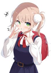 Rule 34 | 1girl, absurdres, aged down, alpha beast, backpack, bag, blonde hair, blue dress, blush, bow, bowtie, collared shirt, commentary, dress, green eyes, grin, hair ornament, hands up, highres, indie virtual youtuber, long sleeves, looking at viewer, pinafore dress, pleated dress, pom pom (clothes), pom pom hair ornament, randoseru, red bag, red bow, red bowtie, school uniform, shigure ui (vtuber), shigure ui (vtuber) (young), shirt, short hair, sleeveless, sleeveless dress, smile, solo, teeth, twintails, virtual youtuber, white background, white shirt