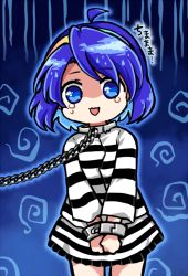 Rule 34 | 1girl, blue eyes, blue hair, chain, cosplay, cowboy shot, cuffs, hairband, long sleeves, miyadeguchi mizuchi, miyadeguchi mizuchi (cosplay), multicolored hairband, open mouth, pote (ptkan), prison clothes, rainbow gradient, shackles, shaded face, shirt, short hair, skirt, solo, striped clothes, striped shirt, striped skirt, tears, tenkyuu chimata, touhou