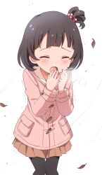 Rule 34 | 1girl, absurdres, black hair, black thighhighs, blush, breath, brown skirt, buchi (y0u0ri ), coat, cold, commentary request, cowboy shot, dot nose, falling leaves, hair bobbles, hair ornament, hands up, highres, idolmaster, idolmaster million live!, idolmaster million live! theater days, leaf, long sleeves, nakatani iku, one side up, open mouth, pigeon-toed, pink coat, short hair, simple background, skirt, solo, thighhighs, trembling, white background, winter