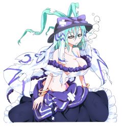 Rule 34 | 1girl, aqua hair, bare shoulders, bracelet, breasts, cleavage, earrings, exhausted, female focus, groin, hat, hip focus, jewelry, kthanid, kusare panda, large breasts, leaning forward, long skirt, m.u.g.e.n, navel, no pupils, plaster, ribbon, short hair, simple background, skirt, solo, standing, tattoo, torn clothes, veil, wide hips