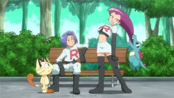 Rule 34 | 1boy, 1girl, bench, boots, bush, clenched hand, clenched teeth, creatures (company), cropped jacket, day, earrings, game freak, gen 1 pokemon, gen 2 pokemon, gloves, jacket, james (pokemon), jessie (pokemon), jewelry, logo, long hair, looking down, meowth, mixed-language commentary, nintendo, noelia ponce, outdoors, pants, pokemon, pokemon (anime), pokemon (classic anime), pokemon (creature), purple hair, shirt, short hair, sitting, skirt, standing, team rocket, team rocket uniform, teeth, thigh boots, totodile, tree, watermark