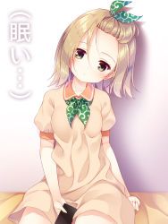 Rule 34 | 1girl, blush, breasts, brown dress, brown eyes, brown hair, closed mouth, collarbone, collared dress, commentary request, dress, fingernails, forehead, green ribbon, hair between eyes, hair ribbon, head tilt, highres, holding, looking at viewer, open beta (vtuber), puffy short sleeves, puffy sleeves, ribbon, shibayama azuki, short sleeves, sitting, small breasts, solo, translated, virtual youtuber, yuku (kiollion)