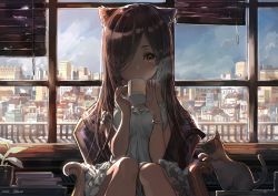Rule 34 | 1girl, animal, animal ears, armchair, artist name, backlighting, window blinds, blush, book, breasts, brown eyes, brown hair, building, cat, cat ears, cat tail, chair, city, cup, dress, drinking, frilled dress, frills, hair over eyes, hair over one eye, hair over shoulder, holding, holding cup, indoors, long hair, looking at viewer, medium breasts, mika pikazo, mug, one eye covered, original, parted bangs, plant, potted plant, signature, sitting, sleeveless, sleeveless dress, solo, steam, strap slip, sunlight, tail, white dress, window, wristband, yellow eyes