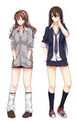 Rule 34 | 10s, 2girls, alternate costume, ashigara (kancolle), black hair, blazer, breasts, brown eyes, brown hair, cardigan, hairband, hands in pockets, jacket, kantai collection, kneehighs, loafers, long hair, loose necktie, loose socks, multiple girls, nagato (kancolle), necktie, no headwear, open clothes, open jacket, personification, red eyes, school uniform, shoes, sleeves pushed up, sleeves rolled up, sneakers, socks, white background, yue teitoku