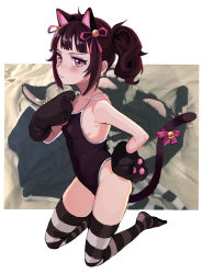 Rule 34 | 1girl, animal ears, animal hands, ass, bad id, bad pixiv id, bare shoulders, blush, breasts, cat ears, cat paws, cat tail, covered erect nipples, hairband, hand on own hip, highres, inchore, kneeling, one-piece swimsuit, original, photo-referenced, purple eyes, purple hair, small breasts, solo, striped clothes, striped thighhighs, sweatdrop, swimsuit, tail, thighhighs, twintails