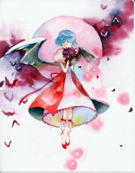 Rule 34 | 1girl, bat (animal), bat wings, blue hair, blush, bouquet, closed eyes, covering own mouth, female focus, flower, full moon, mary janes, moon, night, painting (medium), red moon, remilia scarlet, ribbon, shoes, solo, touhou, traditional media, tsuru (680597), watercolor (medium), wings