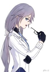 Rule 34 | 1girl, black gloves, black shirt, blue eyes, blue hair, blue necktie, bow, formal, from side, fu hua, fu hua (night squire), glasses, gloves, grey hair, honkai (series), honkai impact 3rd, jacket, long hair, looking at viewer, low-tied long hair, low ponytail, mofu az, necktie, open clothes, open jacket, open mouth, ponytail, print necktie, shirt, simple background, solo, suit, twitter username, unworn eyewear, upper body, white background, white bow, white jacket, white suit