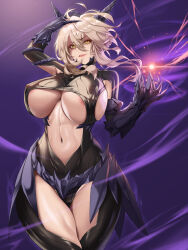 Rule 34 | 1girl, artoria pendragon (fate), artoria pendragon (lancer alter) (fate), battlesuit, blonde hair, breasts, cleavage cutout, clothing cutout, commission, eyebrows hidden by hair, fate/grand order, fate (series), gauntlets, hair between eyes, highres, horns, huge breasts, long hair, looking at viewer, mad kimo, navel, solo, thighs, underboob, yellow eyes