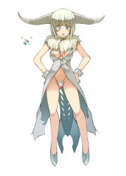 Rule 34 | 1girl, bare legs, blonde hair, blunt bangs, breasts, capcom, ceadeus, eyepatch, grey eyes, groin, hands on own hips, horns, long coat, monster girl, monster hunter (series), navel, no pants, ohta yuichi, open mouth, panties, personification, short hair, simple background, sleeveless, solo, tail, thong, underwear, wrist cuffs