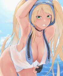 Rule 34 | 1girl, absurdres, arm up, armpits, azur lane, bare shoulders, bikini, bikini bottom only, black choker, black gloves, blonde hair, blue sky, breasts, choker, cleavage, cloud, collarbone, commentary request, cowboy shot, day, fingerless gloves, gloves, goggles, goggles on head, green eyes, highres, hornet (azur lane), hornet ii (azur lane), hornet ii (racing across the waves) (azur lane), iryopura, large breasts, leaning forward, long hair, looking at viewer, see-through, see-through shirt, shirt, shirt tug, sidelocks, sky, sleeveless, sleeveless shirt, solo, standing, sweat, swimsuit, teeth, twintails, very long hair, wet, wet clothes, wet shirt, white bikini, white shirt