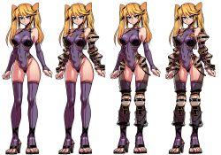 Rule 34 | 1girl, absurdres, bare shoulders, blonde hair, blue eyes, breasts, character sheet, covered navel, elbow gloves, full body, ga320aaa, gauntlets, gloves, gluteal fold, high heels, highres, knee guards, leotard, original, purple thighhighs, see-through, simple background, thighhighs, toeless footwear, twintails, white background