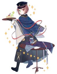 Rule 34 | 1girl, absurdres, black footwear, black gloves, black hakama, blush, boots, bowl, brown hair, cake, capelet, cup, drink, drinking glass, expressionless, food, from behind, fruit, full body, gloves, green eyes, hakama, hakama skirt, hand up, hat, heterochromia, highres, holding, holding tray, japanese clothes, kakami (pixiv7616827), kimono, lime (fruit), lime slice, long sleeves, looking at viewer, looking back, pinstripe pattern, red eyes, rozen maiden, scissors, senbei, simple background, skirt, solo, souseiseki, strawberry, striped clothes, striped kimono, table, tray, white background, wide sleeves