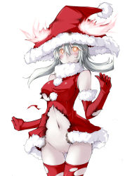Rule 34 | 10s, 1girl, abyssal ship, alternate costume, blush, breasts, censored, elbow gloves, gloves, hat, kaminagi (kaminagi-tei), kantai collection, large breasts, long hair, navel, no panties, pale skin, pussy, red gloves, red thighhighs, santa costume, santa hat, silver hair, simple background, solo, thighhighs, torn clothes, white background, wo-class aircraft carrier, yellow eyes
