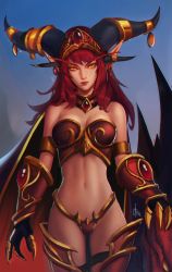 Rule 34 | 1girl, absurdres, alexstrasza, armor, bare shoulders, bikini armor, black gloves, breasts, closed mouth, colored sclera, distr, dragon, earrings, gloves, highres, horn ornament, horn ring, horns, jewelry, light smile, lipstick, long eyebrows, long hair, looking at viewer, makeup, medium breasts, navel, pointy ears, red hair, red lips, redrawn, solo, standing, thigh strap, vambraces, warcraft, wings, world of warcraft, yellow eyes, yellow sclera
