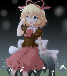 Rule 34 | 1girl, :d, blonde hair, blue eyes, bow, flower, hair bow, lily of the valley, medicine melancholy, natsu no koucha, open mouth, puffy short sleeves, puffy sleeves, shirt, short hair, short sleeves, sitting, skirt, smile, touhou