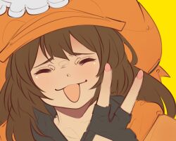 Rule 34 | 1girl, black gloves, cabbie hat, closed eyes, fingerless gloves, gloves, guilty gear, guilty gear strive, hat, hat ornament, highres, hood, hoodie, long hair, looking at viewer, may (guilty gear), mil17459623, open mouth, orange hat, orange hoodie, orange shirt, shirt, skull and crossbones, skull hat ornament, smile, v, yellow background