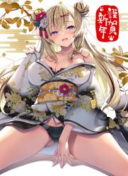 Rule 34 | 1girl, black panties, blonde hair, breasts, cleavage, collarbone, commentary request, double bun, floral print, flower, gluteal fold, hair bun, hair flower, hair ornament, happy new year, highres, japanese clothes, kimono, large breasts, long hair, looking at viewer, new year, open mouth, original, panties, print kimono, purple eyes, smile, solo, spread legs, teeth, thighs, tomose shunsaku, underwear, upper teeth only, white background, white kimono
