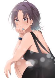 Rule 34 | 1girl, absurdres, antenna hair, arm rest, asakura toru, bare back, black dress, blue eyes, blush, breasts, dress, ear piercing, highres, idolmaster, idolmaster shiny colors, light particles, looking at viewer, looking back, medium breasts, multicolored hair, nail polish, parted bangs, piercing, rrtp, short hair, simple background, sleeveless, sleeveless dress, smile, solo, squatting, two-tone hair, watch, white background, wristwatch