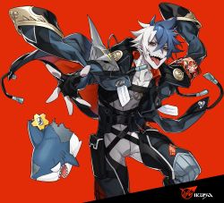 Rule 34 | 1boy, belt, black gloves, blue hair, blue jacket, collarbone, covered navel, eyes visible through hair, fingerless gloves, gloves, hair between eyes, highres, jacket, jacket on shoulders, male focus, multicolored hair, open mouth, orange eyes, original, price tag, red background, samei ikusa, simple background, slit pupils, smile, solo, stuffed animal, stuffed shark, stuffed toy, tight clothes, tongue, tongue out, white hair