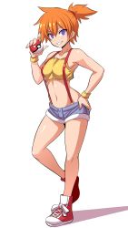 Rule 34 | 1girl, arm at side, arm up, belt, breasts, bright pupils, collarbone, creatures (company), denim, denim shorts, footwear ribbon, full body, game freak, grin, hair tie, hand on own hip, highres, holding, holding poke ball, konno tohiro, medium breasts, misty (pokemon), navel, nintendo, no socks, one side up, poke ball, pokemon, pokemon (anime), pokemon (classic anime), purple eyes, red footwear, ribbon, shiny skin, shoes, short shorts, shorts, simple background, sleeveless, smile, sneakers, standing, suspenders, tank top, teeth, third-party edit, white background, white ribbon