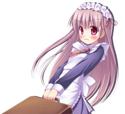Rule 34 | &gt;:(, 1girl, blush, brown hair, carrying, frown, long hair, maid, maid headdress, nullken, original, pink eyes, pout, purple eyes, simple background, solo, suitcase, v-shaped eyebrows, very long hair, white background