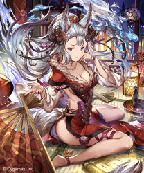 Rule 34 | 10s, 1girl, 77gl, animal ears, anklet, bad id, bad pixiv id, barefoot, breasts, cleavage, detached sleeves, dragon, dress, erune, hand fan, fox ears, fox tail, fur trim, granblue fantasy, grey eyes, jewelry, large breasts, long hair, long sleeves, looking at viewer, night, red dress, silver hair, sitting, sky, societte (granblue fantasy), solo, tail, tatami, very long hair, wariza, wide sleeves