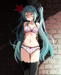 Rule 34 | 1girl, absurdres, alley, angry, aqua eyes, aqua hair, arms behind back, bare shoulders, bdsm, black thighhighs, blush, bondage, bound, bound arms, bra, breasts, brick wall, cameltoe, cleavage, clenched teeth, collarbone, eyebrows, groin, hair ornament, hatsune miku, highres, huge filesize, legs together, long hair, looking at viewer, navel, outdoors, panties, rope, small breasts, solo, standing, sweat, swept bangs, teeth, thigh gap, thighhighs, thighs, tsukishiro saika, twintails, two side up, underwear, very long hair, vocaloid, wall, wet, wet clothes