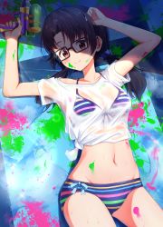 Rule 34 | 1girl, absurdres, arms up, bikini, black hair, blue bikini, breasts, brown hair, cleavage, closed mouth, collarbone, commentary request, glasses, highres, idolmaster, idolmaster million live!, long hair, looking at viewer, lying, miso (misomiso 154), navel, on back, paint splatter, paint stains, see-through, see-through shirt, shirt, short hair, smile, solo, striped bikini, striped clothes, swimsuit, takayama sayoko, tied shirt, twintails, water gun, white shirt