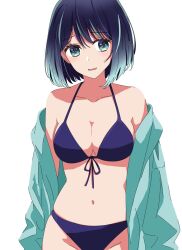 Rule 34 | 1girl, aqua eyes, bare shoulders, bikini, blue bikini, blue hair, breasts, cleavage, collarbone, commentary, cowboy shot, front-tie bikini top, front-tie top, gradient hair, highres, kurokawa akane, kusana (kusana47454281), large breasts, light blue hair, looking at viewer, medium hair, multicolored hair, navel, no pupils, oshi no ko, parted lips, partially undressed, shadow, simple background, solo, stomach, streaked hair, swimsuit, white background
