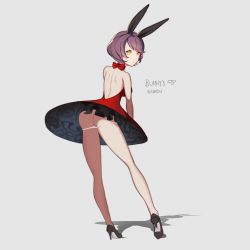 Rule 34 | 1girl, :/, absurdres, animal ears, ass, bad id, bad pixiv id, black footwear, breasts, brown eyes, brown hair, rabbit ears, closed mouth, commentary, dress, english text, full body, grey background, high heels, highres, medium breasts, multicolored hair, natsuojisan, original, panties, panty pull, pink hair, red dress, shoes, short hair, silhouette, solo, standing, twitter username, two-tone hair, underwear, white panties