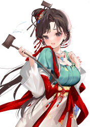 Rule 34 | 1girl, :d, absurdres, artist name, black eyes, black hair, blush, breasts, chinese clothes, chinese hairpin, dipper, facial mark, forehead mark, green shirt, hair bun, hair ornament, hands up, hanfu, hecha (01964237), highres, holding, holding spoon, jewelry, jiu niangzi, layered sleeves, long hair, long skirt, long sleeves, looking at viewer, medium breasts, necklace, open mouth, red shawl, reverse:1999, shawl, shirt, short over long sleeves, short sleeves, signature, single side bun, sketch, skirt, smile, solo, spill, spoon, tassel, tassel hair ornament, upper body, white background, white sleeves, yellow skirt