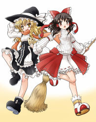 Rule 34 | 2girls, adapted costume, akou roushi, bamboo broom, blonde hair, blush, boots, bow, braid, broom, brown eyes, brown hair, curiosities of lotus asia, detached sleeves, female focus, gohei, hair bow, hair tubes, hakurei reimu, hat, japanese clothes, kirisame marisa, long hair, miko, multiple girls, ofuda, orange scarf, perfect cherry blossom, red eyes, ribbed sweater, scarf, short hair, smile, sweater, touhou, witch, witch hat, yellow eyes, yin yang
