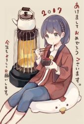 Rule 34 | 1girl, 2017, akeome, bird, black hair, blue eyes, bowl, braid, chick, chopsticks, denim, eating, feet out of frame, food, hanten (clothes), happy new year, heater, highres, jeans, kettle, kotoyoro, looking away, mochi, new year, original, pants, pillow, red robe, robe, sencha (senta 10), short hair, simple background, sitting, sitting on pillow, solo, tea kettle, text focus, translated, wagashi