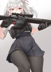 Rule 34 | 1girl, absurdres, assault rifle, black gloves, black pantyhose, black skirt, brown eyes, commentary, cowboy shot, english commentary, gloves, gradient background, grey background, gun, hair ribbon, half-closed eyes, harness, high-waist skirt, highres, holding, k0ng, looking at viewer, m110 sass, m110 semi-automatic sniper system, medium hair, miniskirt, original, pantyhose, pleated skirt, red ribbon, ribbon, rifle, school uniform, scope, shirt, short sleeves, side ponytail, silver hair, skirt, sniper rifle, solo, sr-25, standing, sweat, tactical clothes, weapon, white shirt