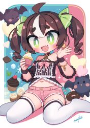 1girl bat_(animal) breasts brown_hair choker cupcake doughnut fang food green_eyes hair_between_eyes highres jewelry medium_hair midriff multicolored_hair nanatsuta navel original pastry shorts sitting small_breasts streaked_hair thick_eyebrows thighhighs twintails wariza white_thighhighs