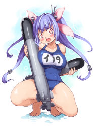 Rule 34 | 10s, 1girl, barefoot, blue hair, breasts, character name, feet, i-19 (kancolle), kantai collection, large breasts, long hair, one-piece swimsuit, personification, pink eyes, school swimsuit, solo, squatting, star-shaped pupils, star (symbol), swimsuit, symbol-shaped pupils, torpedo, twintails, yu 3