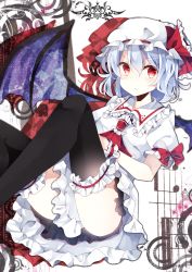 Rule 34 | 1girl, bat wings, black thighhighs, blue hair, frilled shirt collar, frilled thighhighs, frills, hat, hat ribbon, highres, legs up, looking at viewer, mob cap, puffy short sleeves, puffy sleeves, red eyes, red ribbon, remilia scarlet, ribbon, sanasanayukikuni, short sleeves, sitting, solo, thighhighs, touhou, wings, wrist cuffs