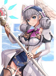 Rule 34 | 1girl, braid, breasts, crown braid, dress, gonzarez, head wings, highres, juliet sleeves, long sleeves, medium breasts, melia antiqua, o-ring, puffy sleeves, short dress, solo, staff, thighhighs, wings, xenoblade chronicles: future connected, xenoblade chronicles (series), xenoblade chronicles 1